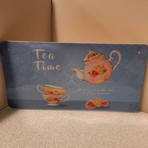 Metal "teatime" kitchen whimsy sign,‎ and set of mini cookie cutters on hanger